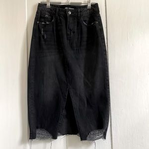 Zara slit front midi black distressed jean skirt size M
